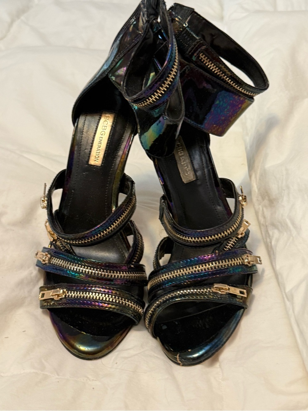 BCBGeneration Iridescent Multi-Zip Ankle Strap Heels